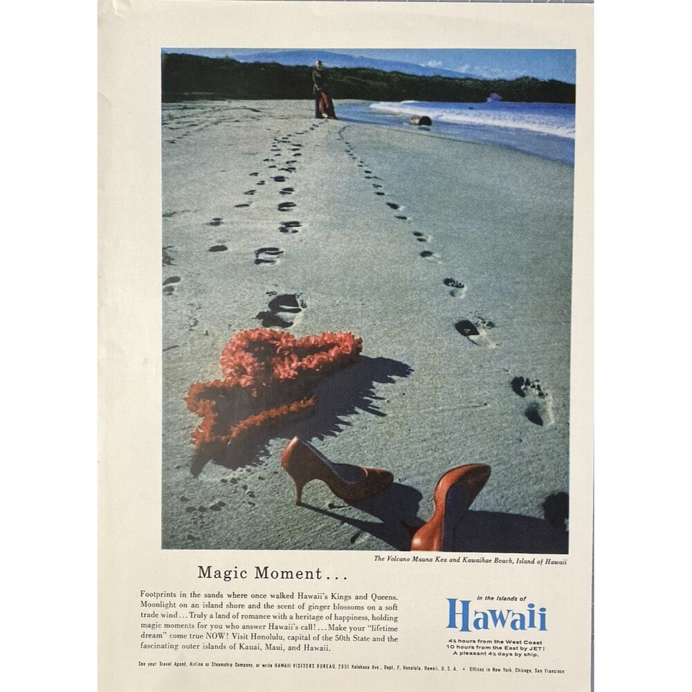 Hawaii Visitors Bureau "Magic Moment. . Footprints in the Sands" Print Ad 1959